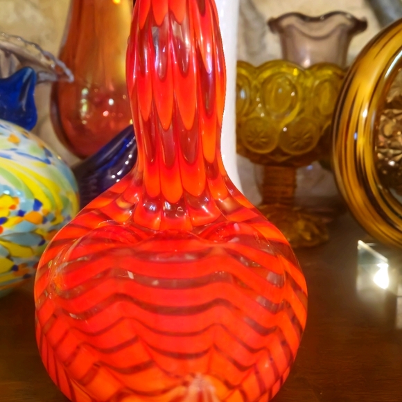 Murano Style Type Duck 9"L x 5"W x 7"H - Vibrant Reddish Orange Swirl Colors - Picture 4 of 12